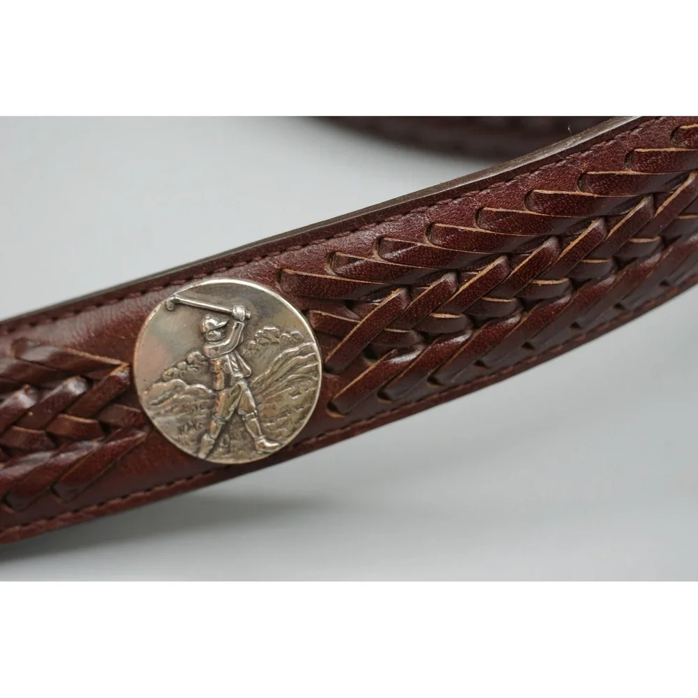 Vintage Golf Concho Braided Brown Leather Belt Mens Size 40 Silver Tone Buckle